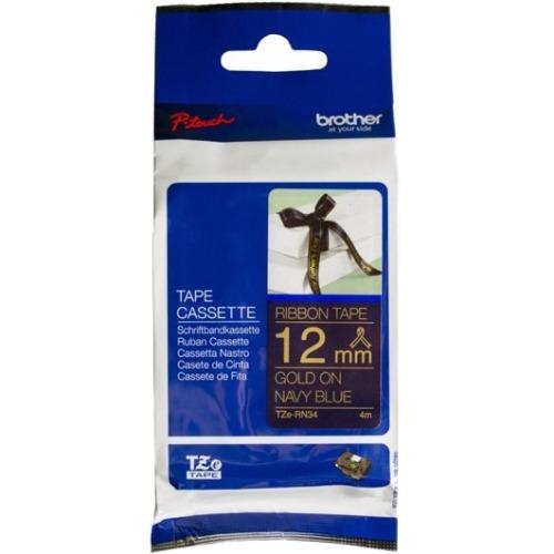 Brother Genuine TZERN34 Decorative Gold on Navy Blue Satin Ribbon for P-touch Label Makers, 12 mm wide x 4 m long - toners.ca