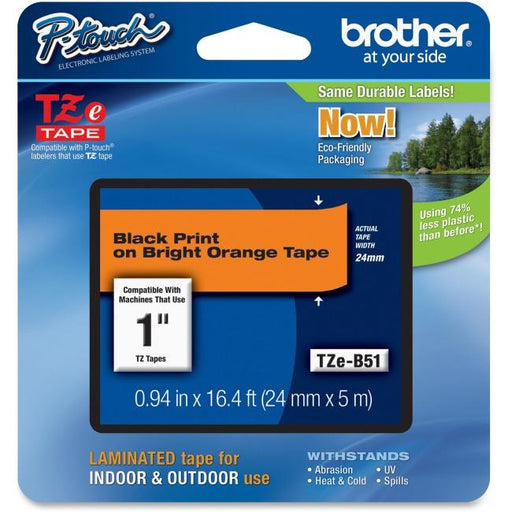 Brother Genuine TZeB51 Black on Fluorescent Orange Laminated Tape for P-touch Label Makers, 24 mm wide x 8 m long - toners.ca