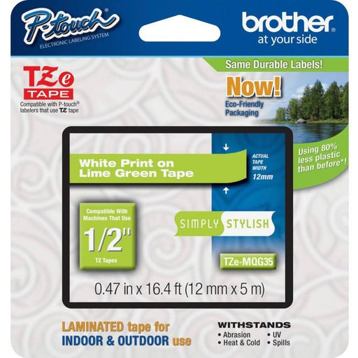Brother Genuine TZEMQG35 White Print on Lime Green Tape for P-touch Label Makers, 12 mm wide x 4 m long - toners.ca