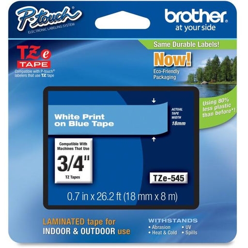 Brother Genuine TZe545 White on Blue Laminated Tape for P-touch Label Makers, 18 mm wide x 8 m long - toners.ca