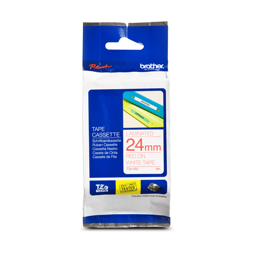 Brother Genuine TZe252 Red on White Laminated Tape for P-touch Label Makers, 24 mm wide x 8 m long - toners.ca