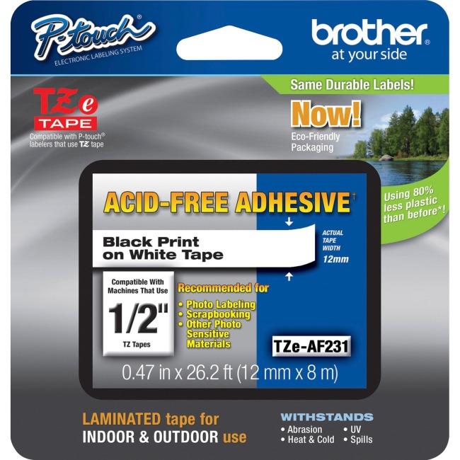 Brother TZEAF231 Black on White Acid Free 12 mm Tape, 8 m - toners.ca